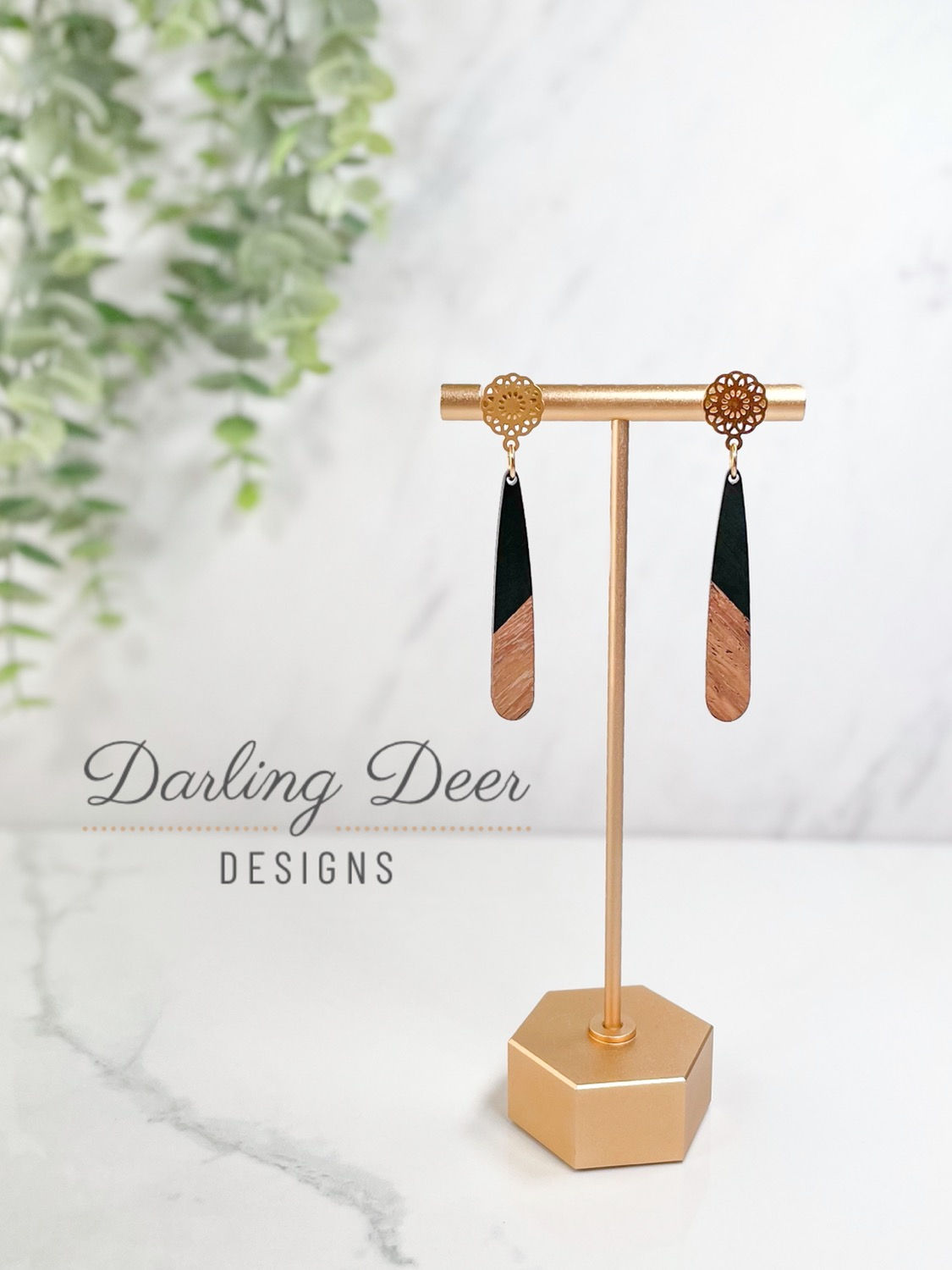 Black Resin and Wood Teardrop Earrings
