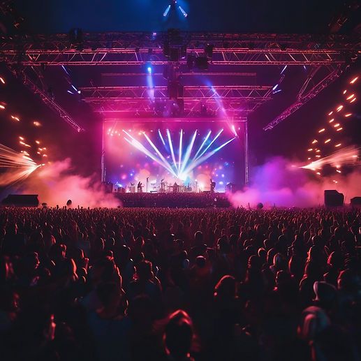 an out of this world, Bokeh heavey, futuristic view of packed concert, with full lighting