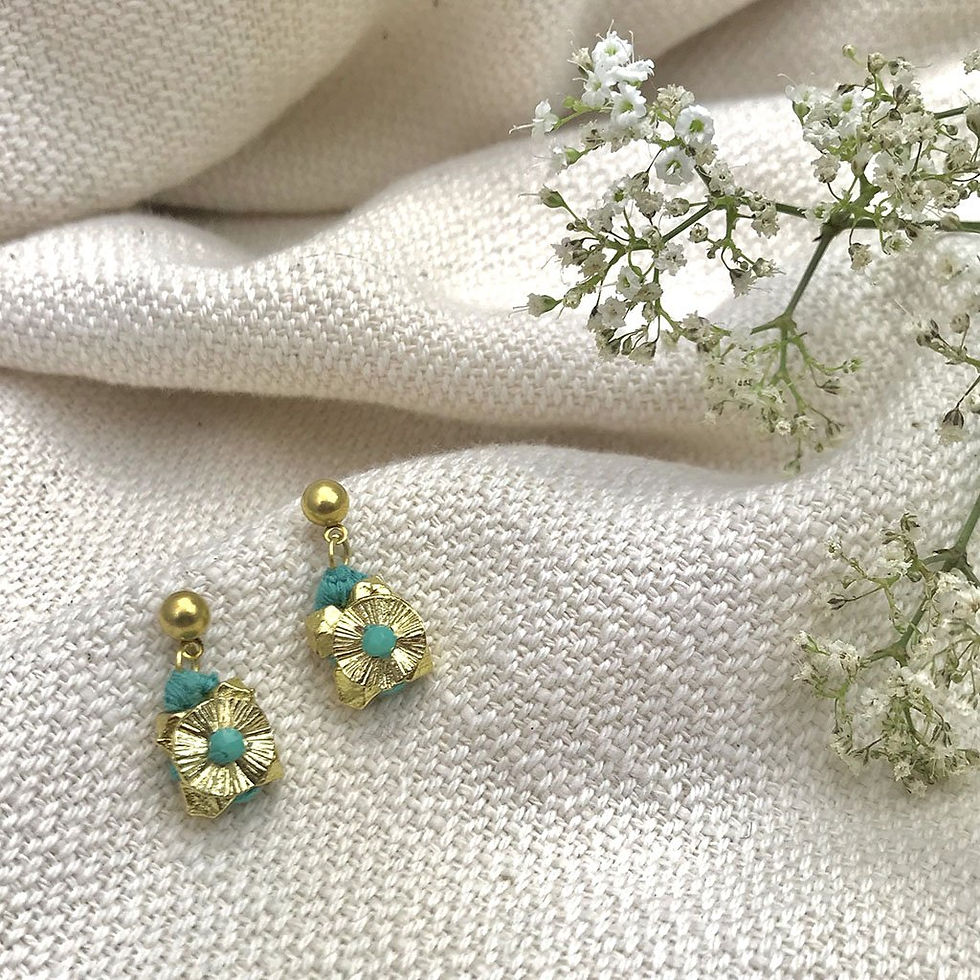 Thumbnail: Keya Handmade Flower Earrings with Metal Beads and Cotton Thread