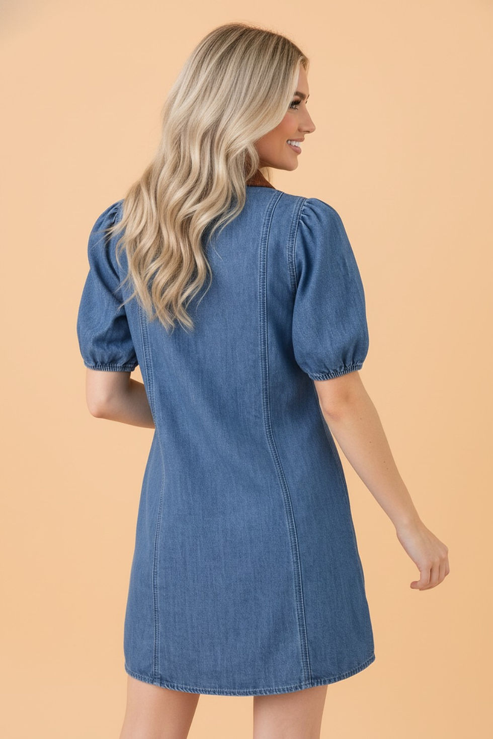 Thumbnail: Denim Patchwork Collar Puff Sleeve Buttoned Mini Dress