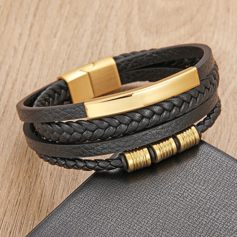 Thumbnail: Cross-border Explosive Leather Rope Bracelet Stainless Steel Braided
