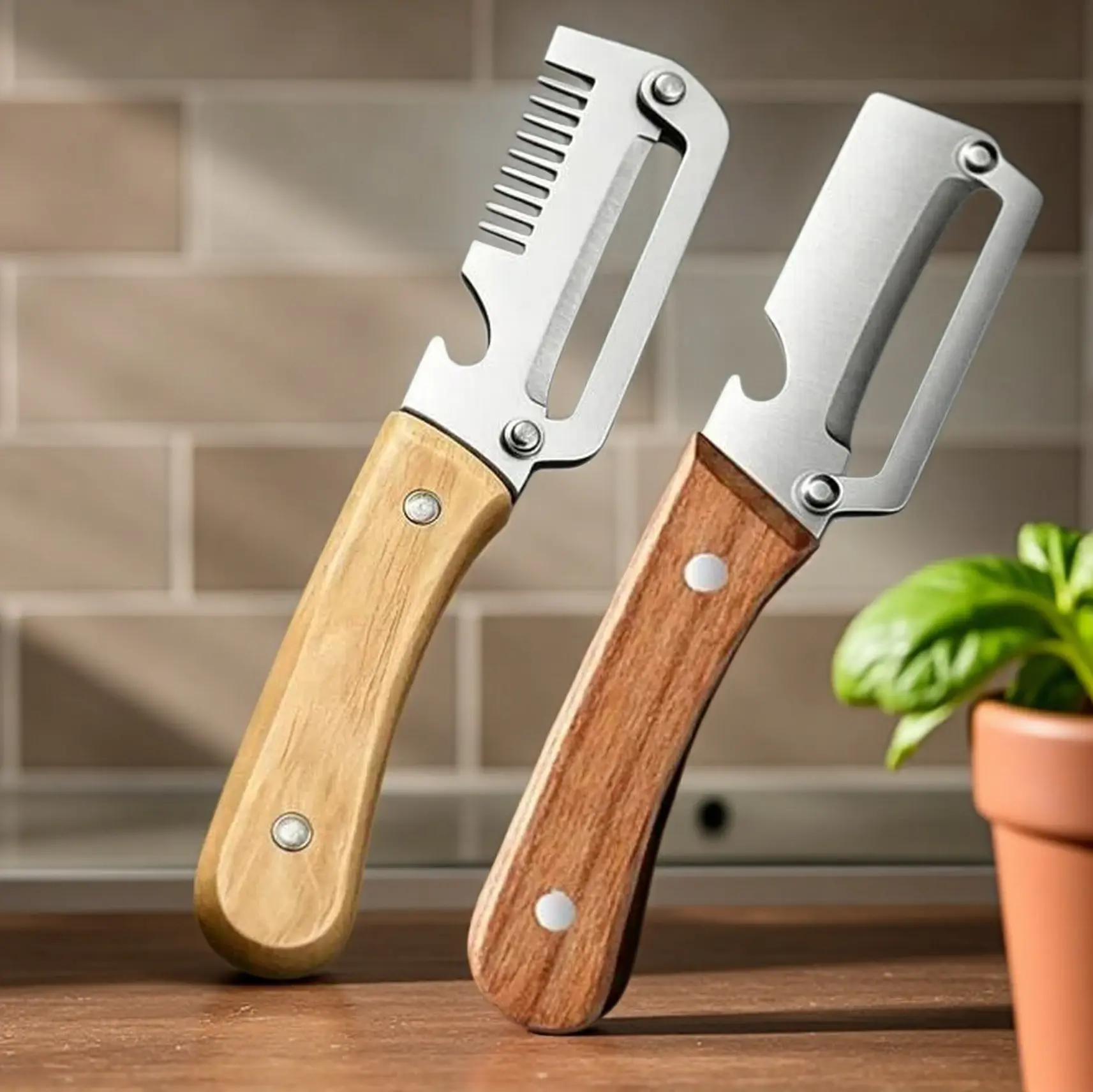 2PC Set Kitchen Peeler Stainless Steel Vegetable Peeler Wooden Handle
