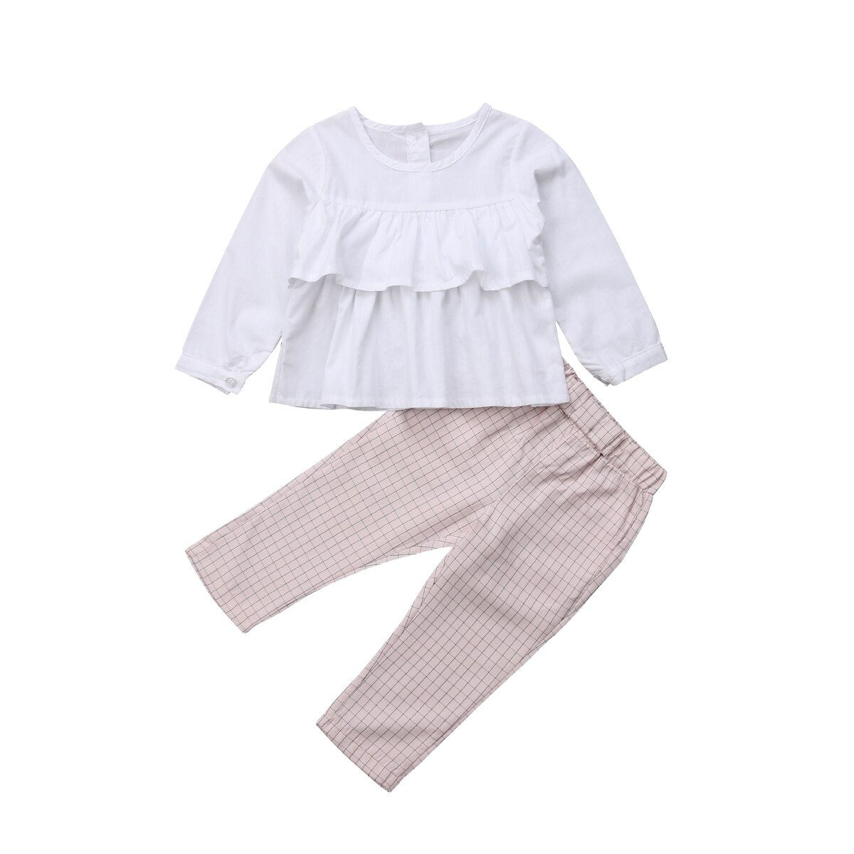 Girls' Cotton Ruffle Top and Plaid Leggings Outfit Set
