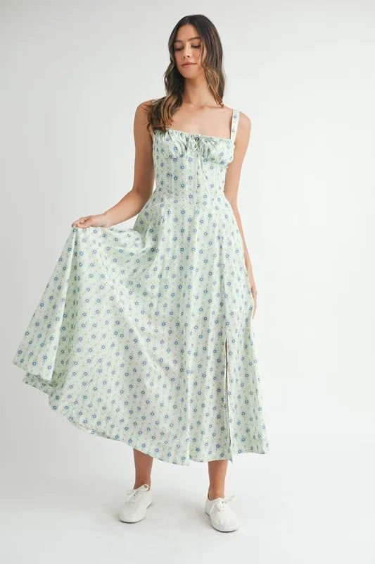 Thumbnail: MABLE Floral Print Bustier Back Lace Up Midi Dress