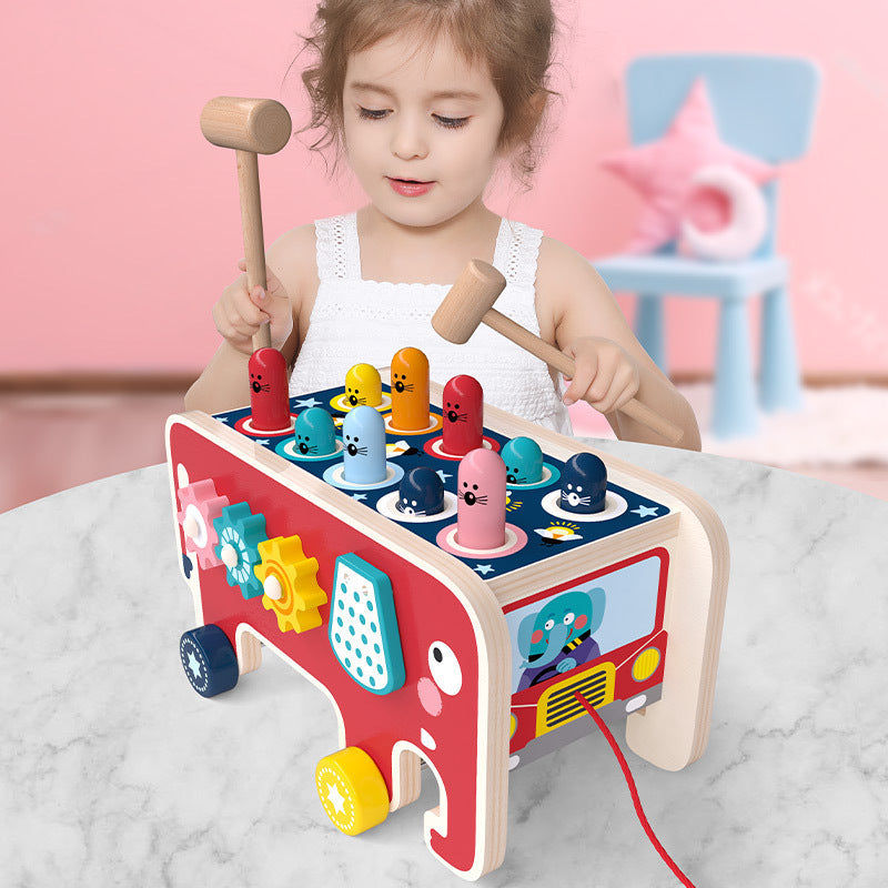 Toddlers Wooden Pounding Bench Animal Bus Toy