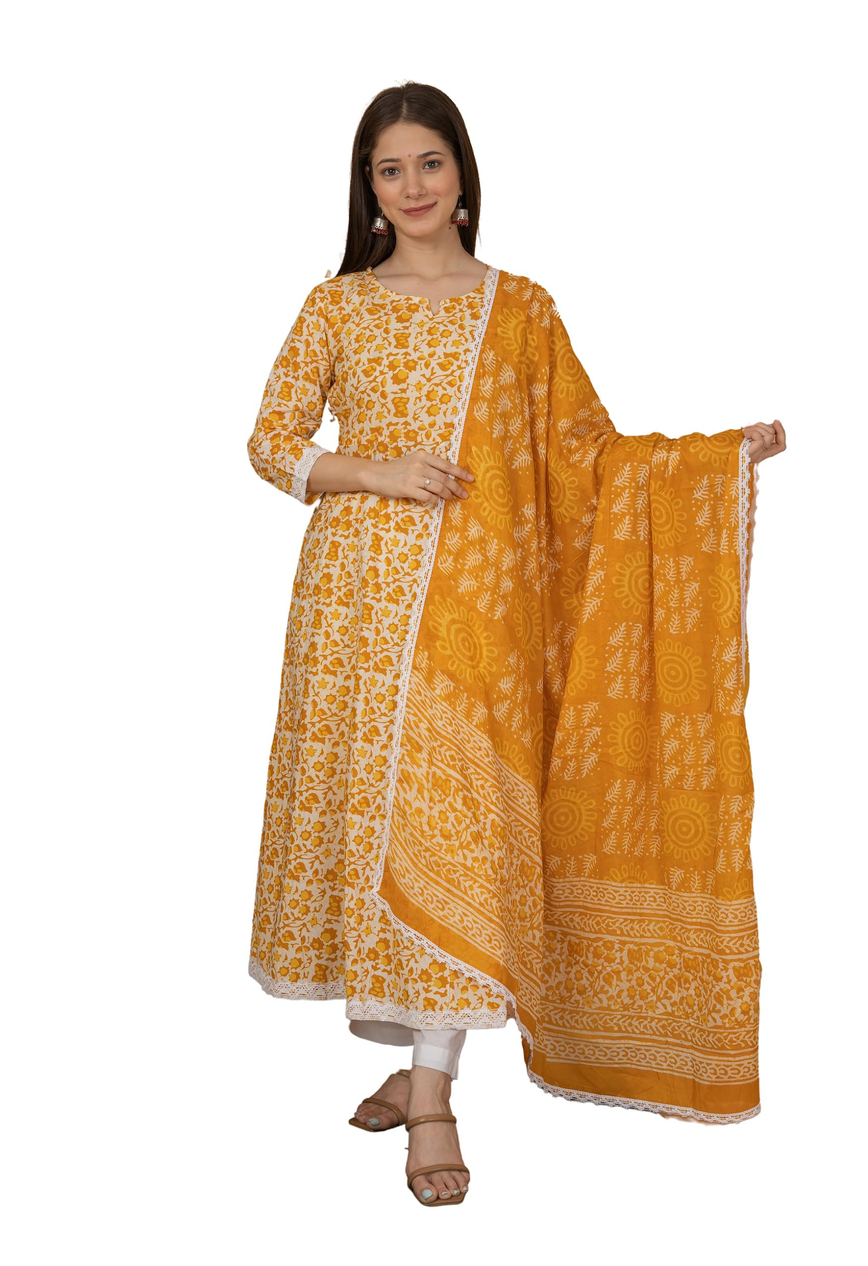 Meera Fab Womens Cotton Printed Anarkali Kurta With Palazzo & Dupatta