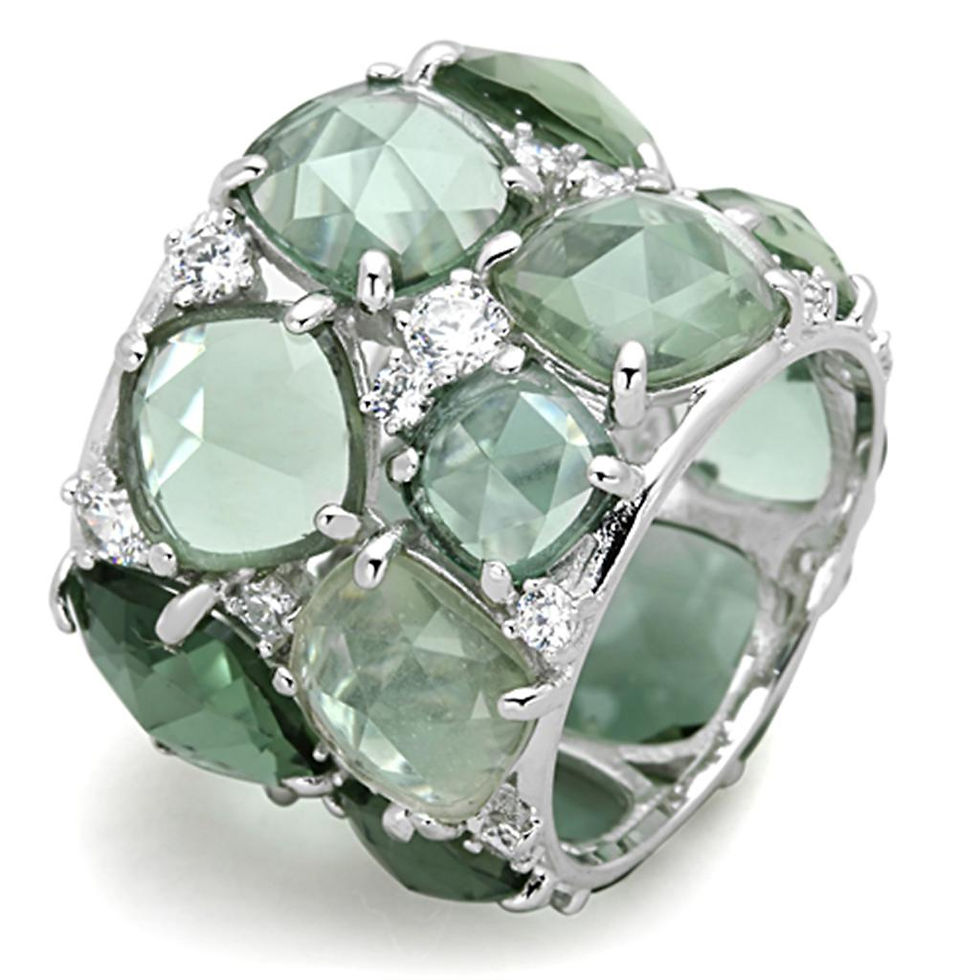Thumbnail: Rhodium Plated Sterling Silver Ring with Emerald Green Glass Stone