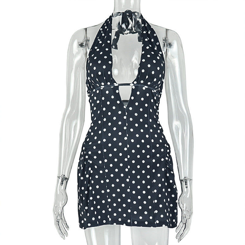 Thumbnail: Polka Dot Slimming Printed Sexy A line Dress Deep V Plunge neck