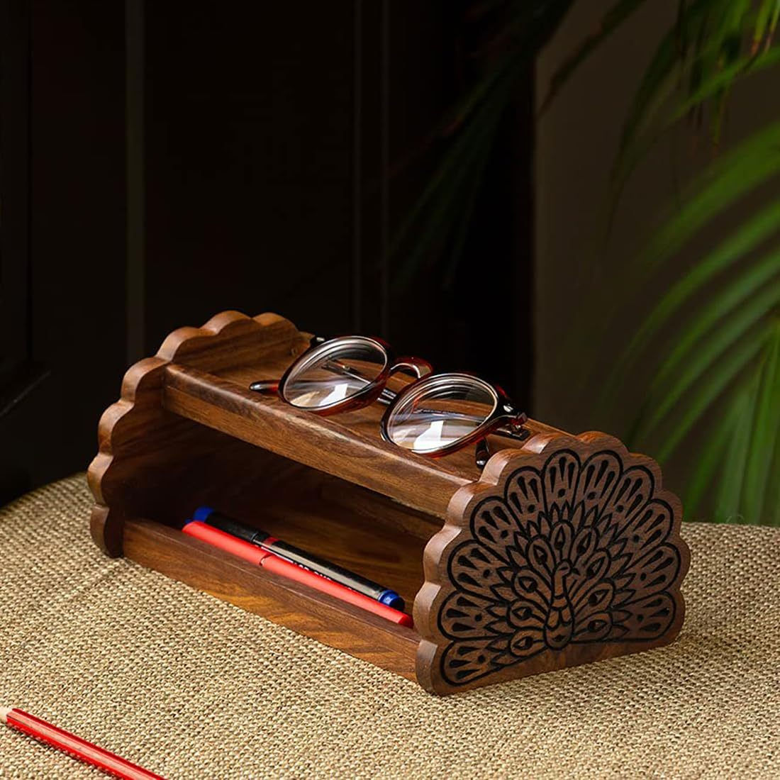 Wooden Peacock Carved Desk Organizer