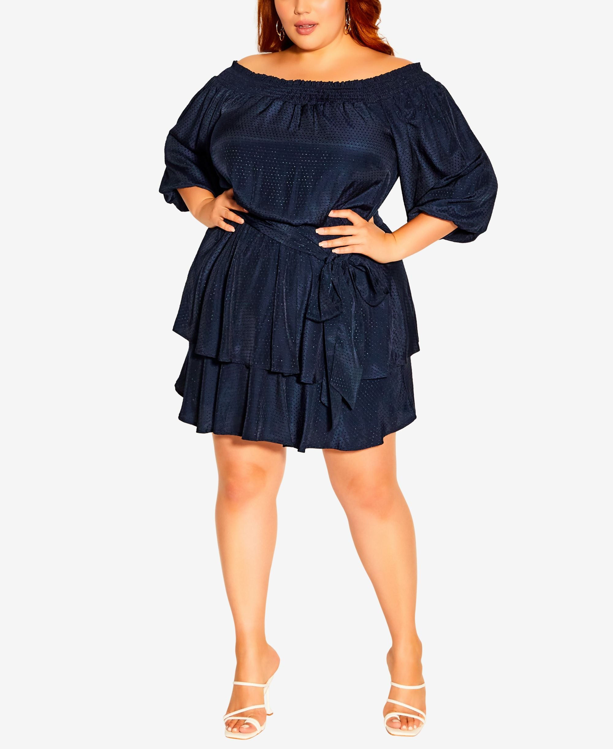 Women's Plus Size Dobby Dot Off-Shoulder Frill Mini Dress