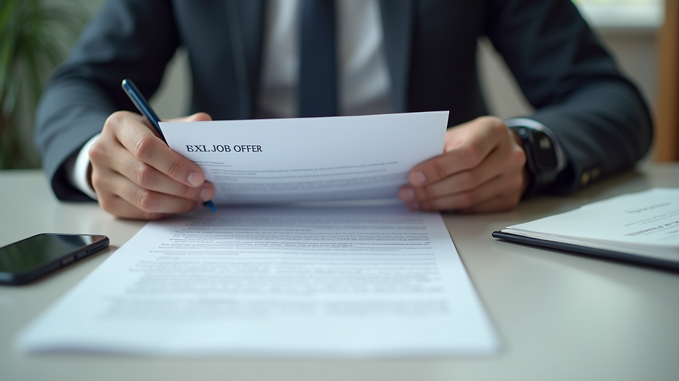 Close-up view of a person reviewing a job offer letter at a desk