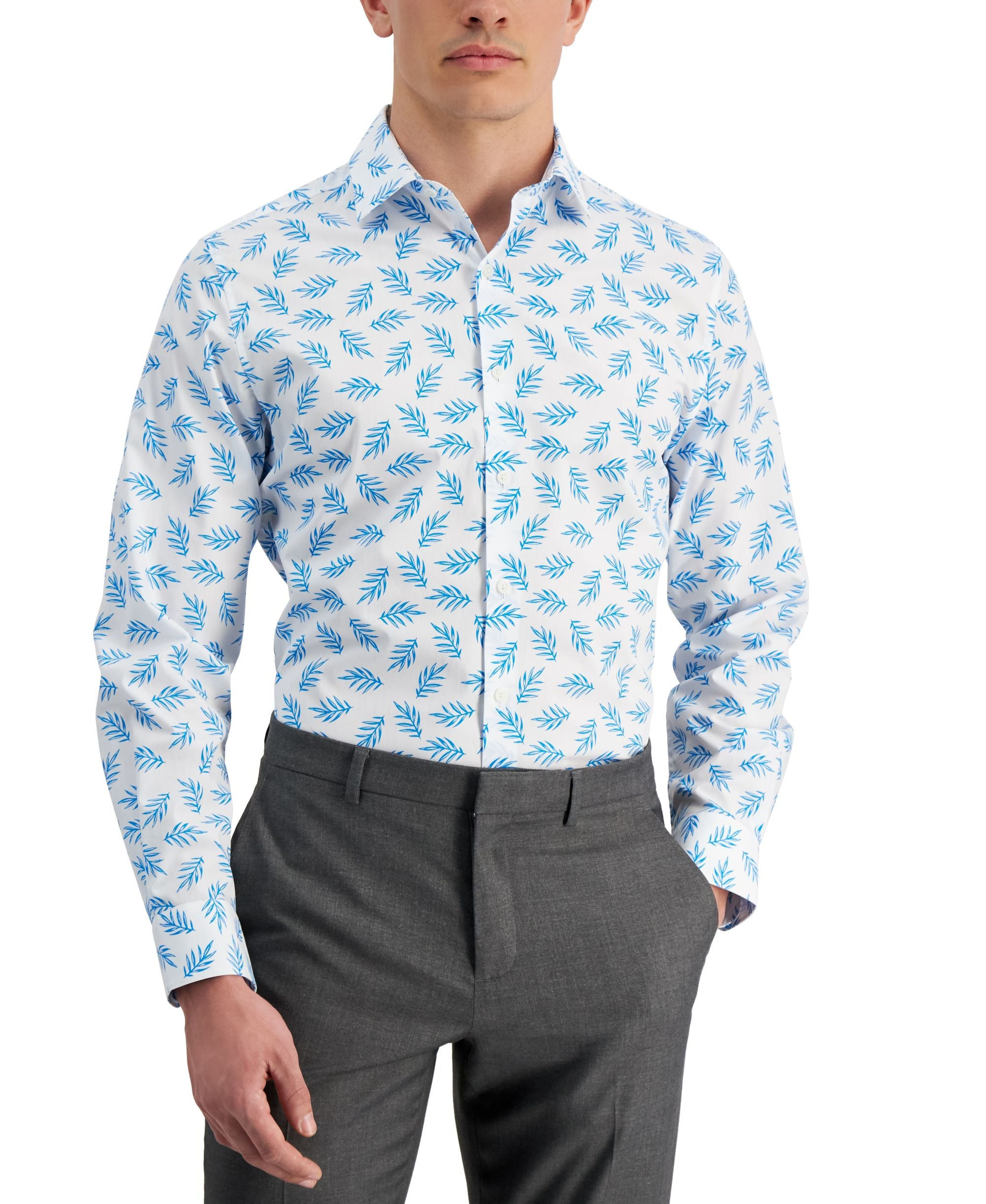 Bar III Men's Slim Fit Leaf Print Cotton Dress Shirt