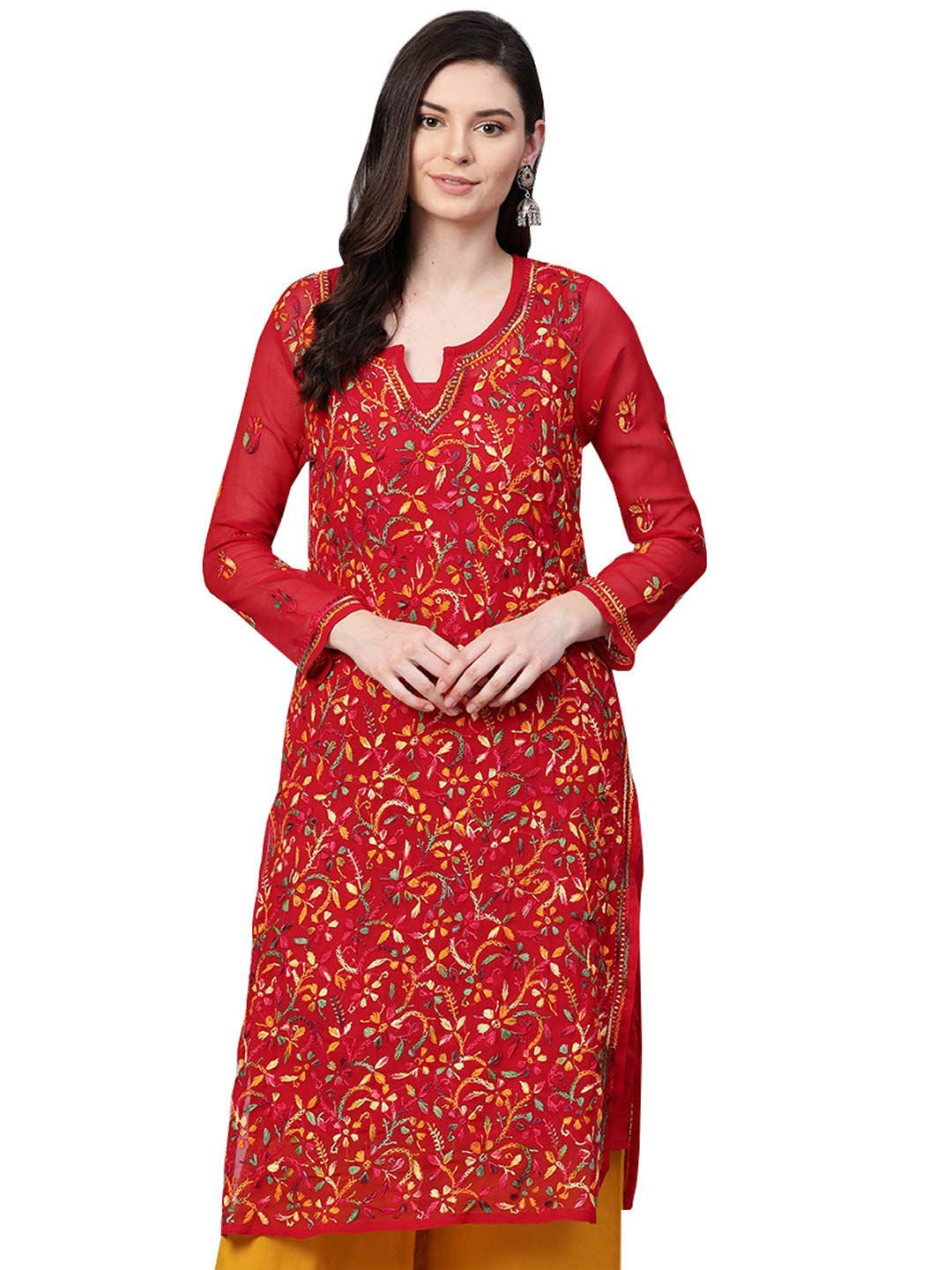 Ada Indian Hand Embroidery Womens Chikankari Faux Georgette Kurta Kurti Tunic wi