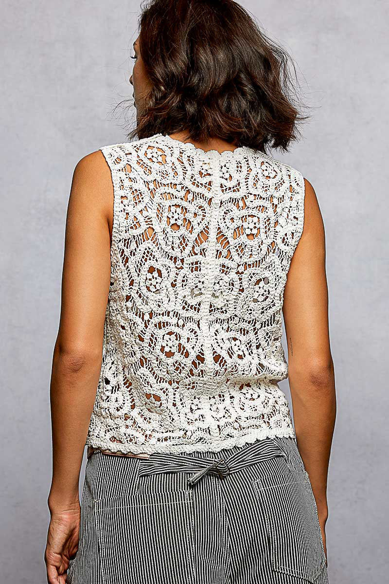 Thumbnail: POL Women's Button-Down Cropped Crochet Vest with Scalloped Edge