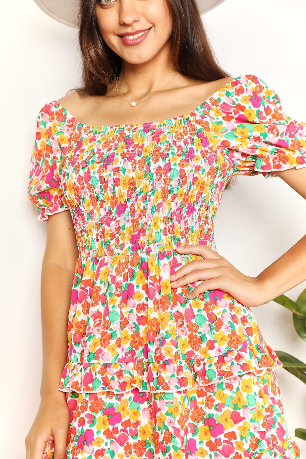 Thumbnail: Devine Smocked Sweetheart Neck Flounce Sleeve Mini Dress