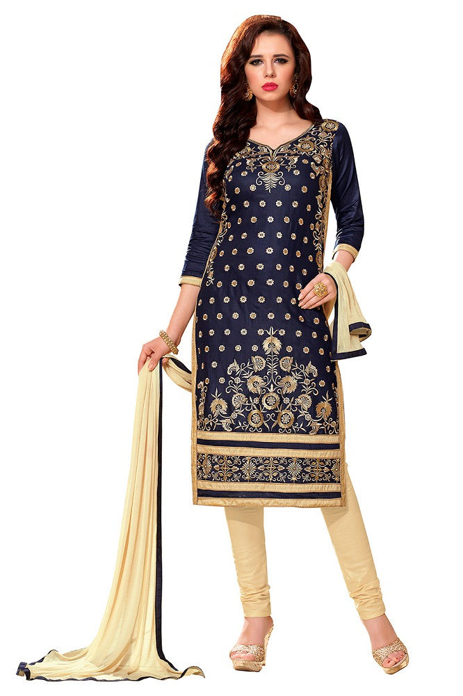 Women's Navy Blue Glaze Cotton Embroidered Party Wear Suit