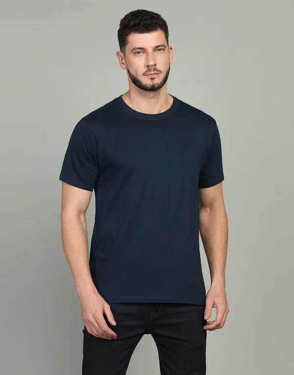 Men's Navy Blue Round Neck Cotton Blend T-Shirt