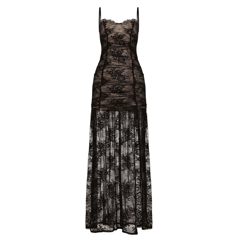 Thumbnail: Women Clothing See through Lace Split Pleated Sling Elegant Dress