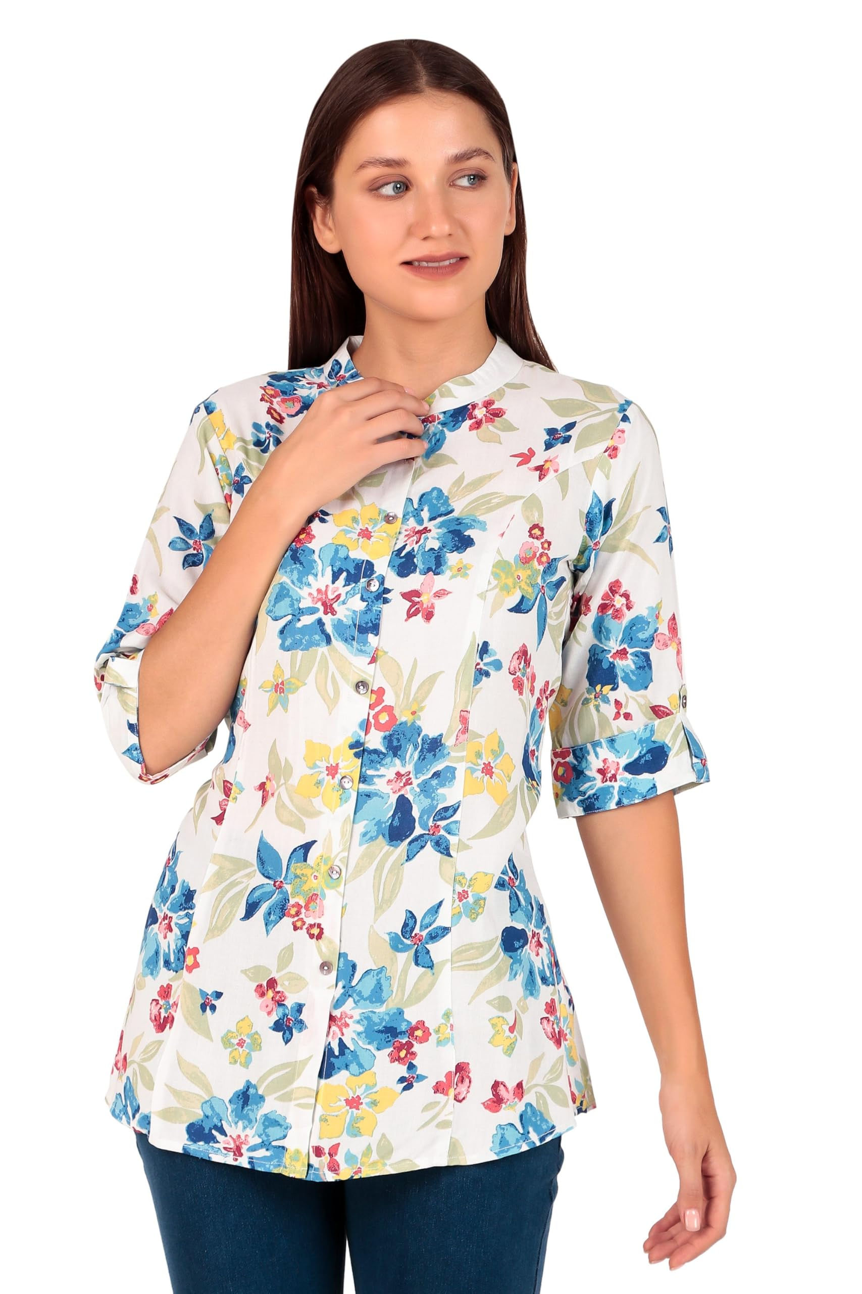 Casual Rayon Ethnic Tunic Top with Roll-Up Sleeves