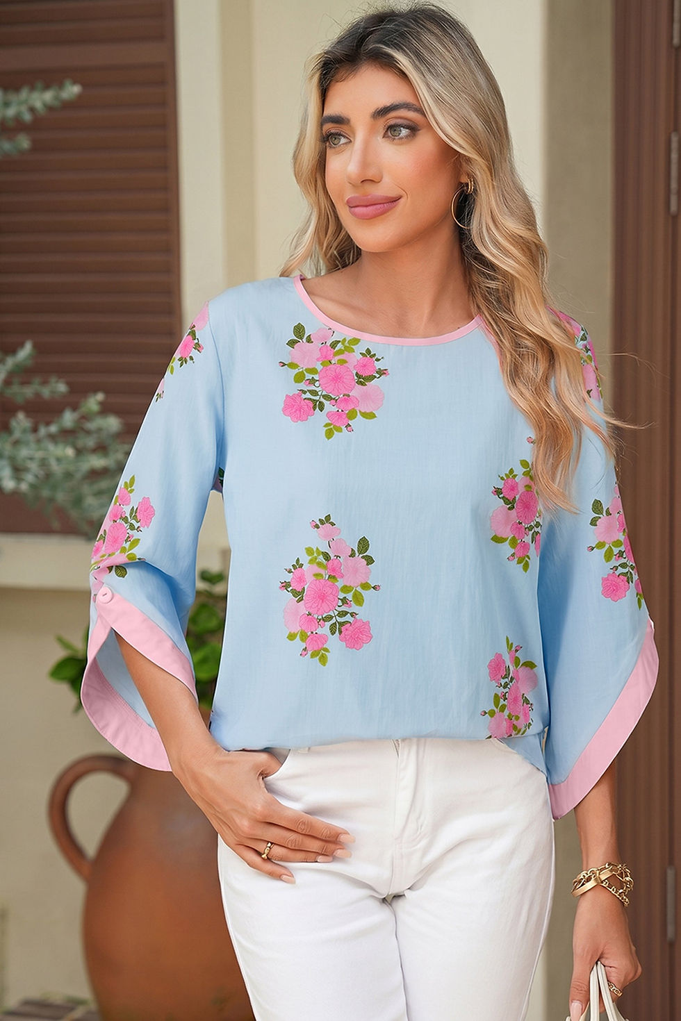 Thumbnail: Floral Button Cuffed 3/4 Sleeve Round Neck Blouse