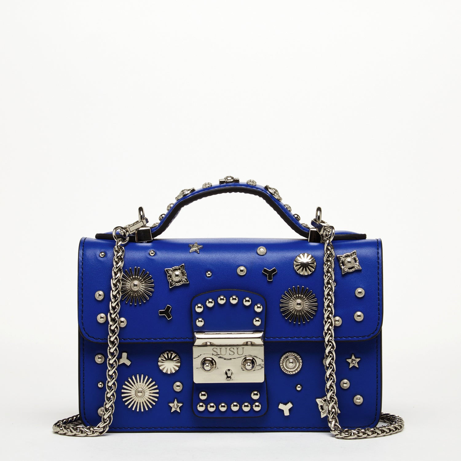 Women's Studded Royal Blue Leather Small Crossbody Bag