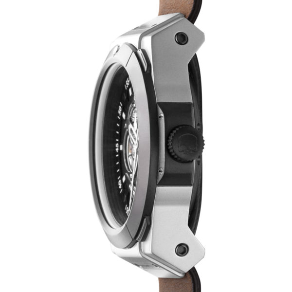 Thumbnail: Vento GMT Automatic Watch with Black Steel Case and Brown Leather Strap