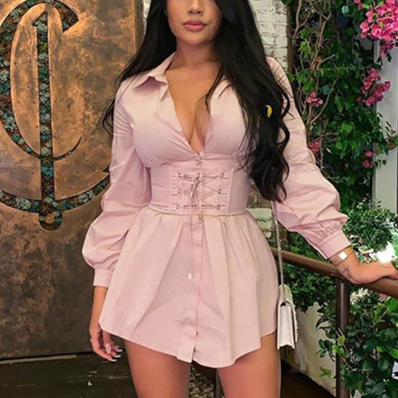 Thumbnail: Elegant belt white office shirt dress Women lantern sleeve