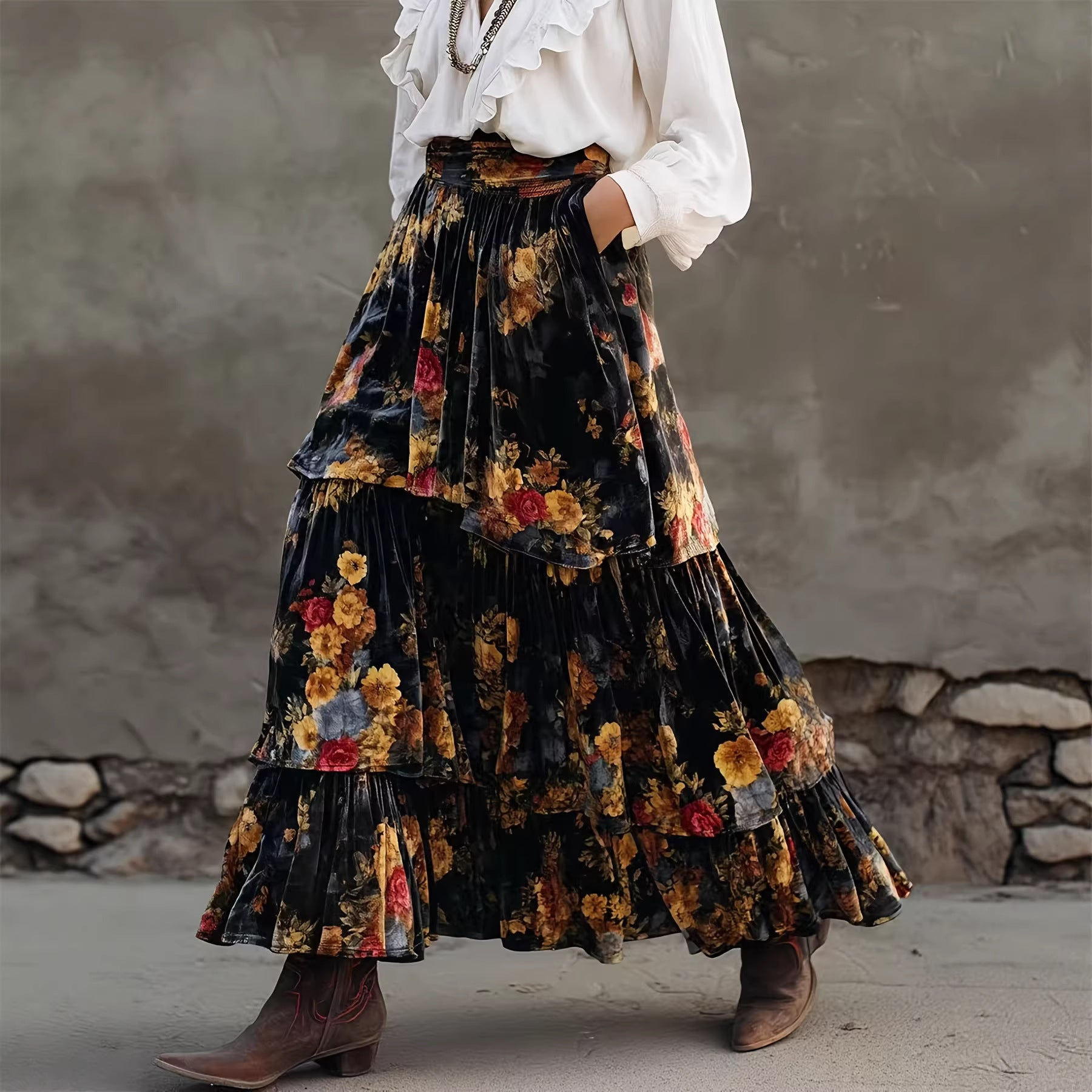 Skirt Fashionable Elegant Large Skirt Floral Slimming Retro High Waist