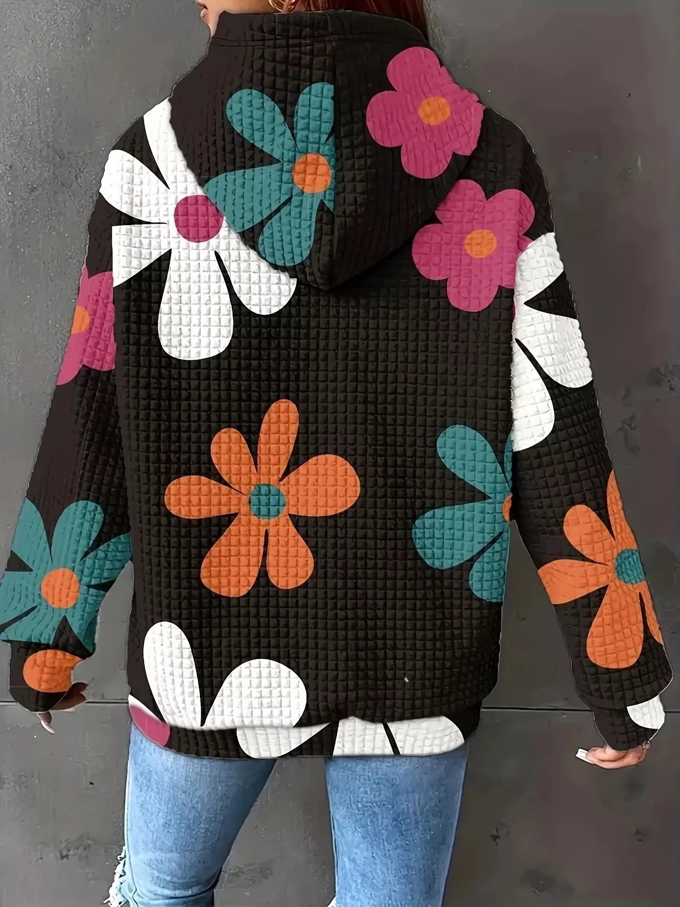 Floral Print Textured Drawstring Hoodie