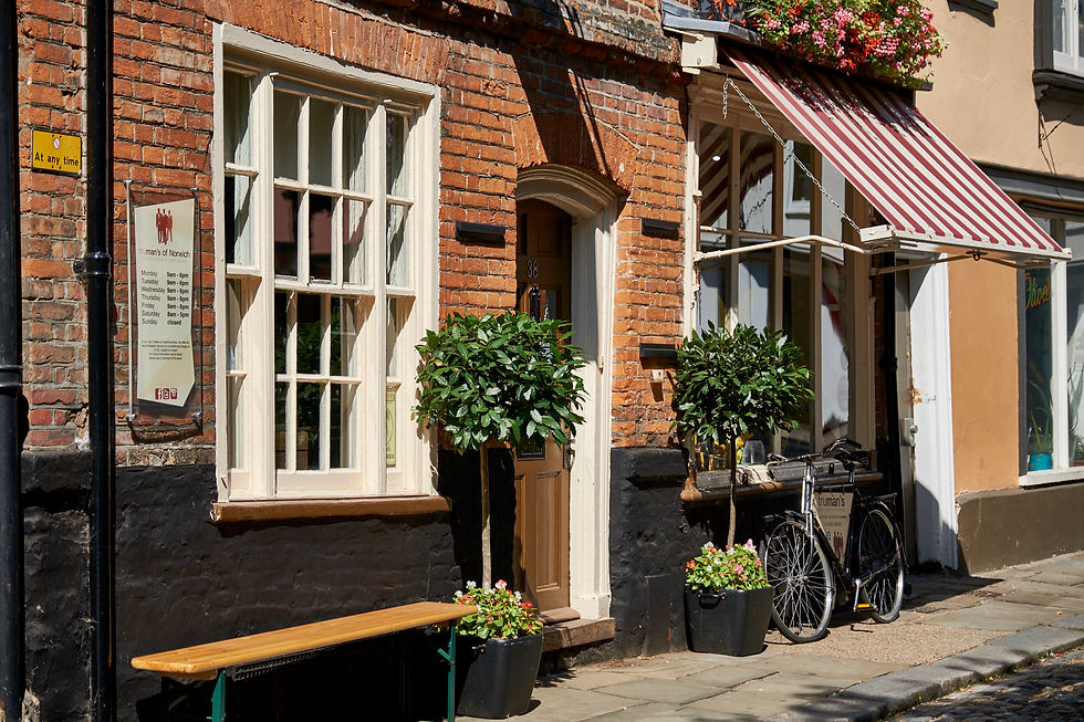 High angle view of Norwich Lanes with people walking and shopping
