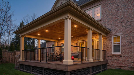 “Covered deck extension with premium wood ceiling and recessed lighting, brick exterior, refined outdoor living design.” (1)