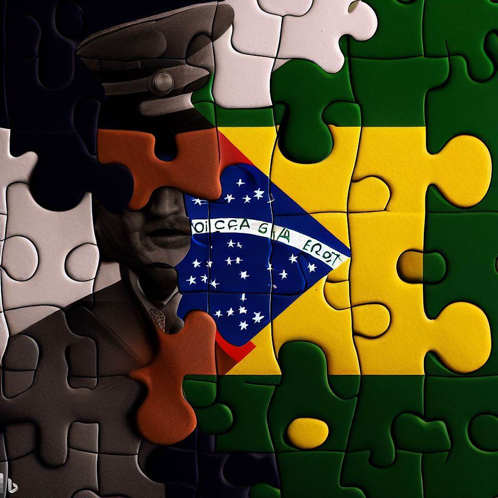 imagem de um general na bandeira brasileira em formato de Quebra-cabeças das relações do Governo Federal com as Forças Armadas Brasileiras após a tentativa de golpe no dia 08 de janeiro de 2023