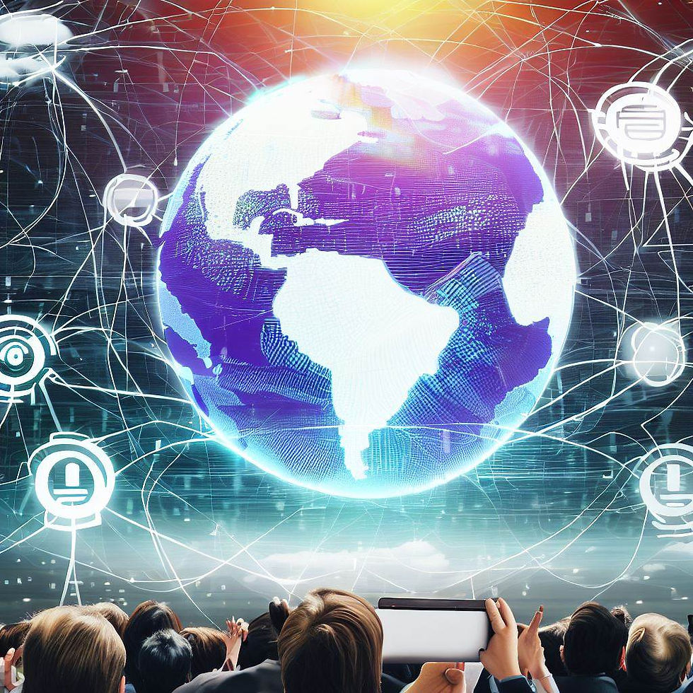 imagem de um globo terrestre no centro, cercado por uma rede complexa de linhas brilhantes que representam a interconexão digital. Ícones de mídias sociais e dados em constante atualização estão de um lado, simbolizando a sociedade conectada. Do outro lado, nuvens de códigos binários representam ameaças cibernéticas, e pessoas procurando capturar tudo que seja similar aos seus interesses.