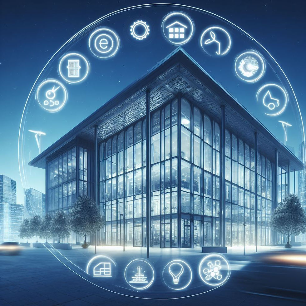 Uma imagem de um edifício público moderno e eficiente em termos de energia, destacando a eficiência energética.