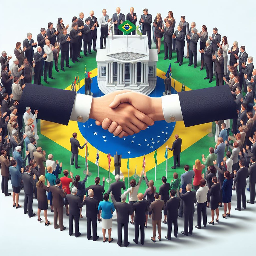 Uma imagem de representantes do governo brasileiro, empresários e membros da comunidade se reunindo para simbolizar parcerias público-privadas.