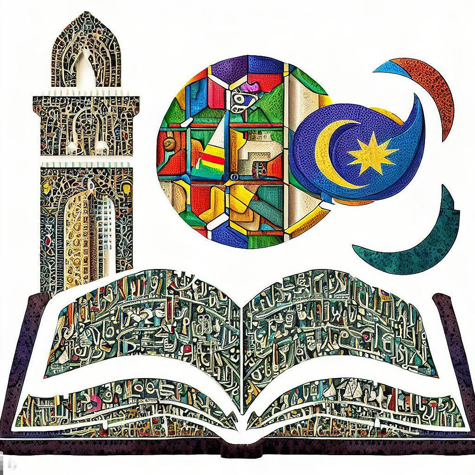 Imagem de um mosaico de diferentes símbolos religiosos, como uma igreja, uma mesquita, um templo hindu, uma sinagoga e outros, todos dispostos harmoniosamente em torno de um livro aberto, simbolizando a Constituição brasileira..