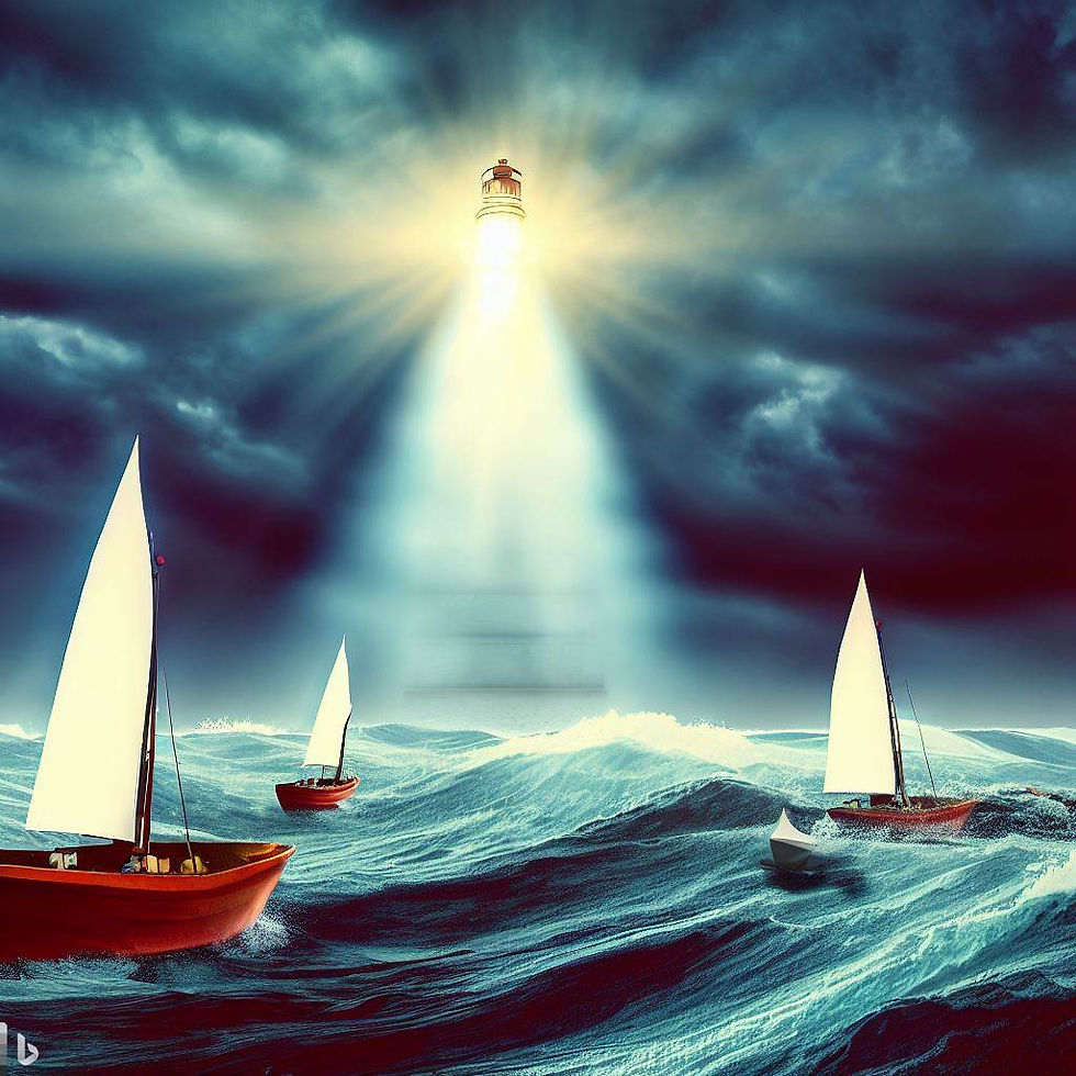 imagem da representação de um farol brilhante emergindo de um oceano tempestuoso, simbolizando a busca pela verdade e a responsabilização das fake news na política, com barcos representando candidatos políticos navegando em direção à luz da informação precisa e transparente.