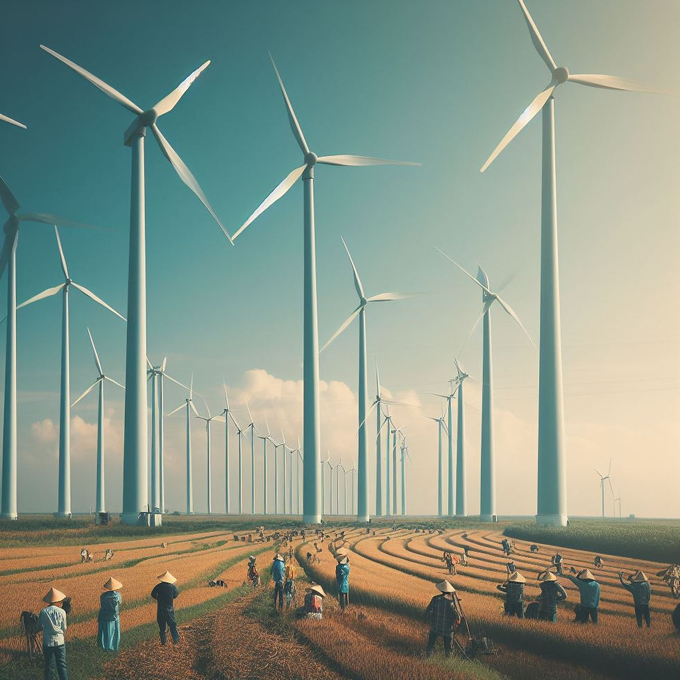 Outra foto de um parque eólico com aerogeradores alinhados em um campo aberto, capturando a energia do vento. O céu azul e limpo de fundo realça a ideia de energia limpa e sustentável, enquanto a presença de pessoas da comunidade próxima interagindo com o parque eólico, como um agricultor observando as turbinas, destaca a integração da energia eólica na vida cotidiana e no desenvolvimento da comunidade.