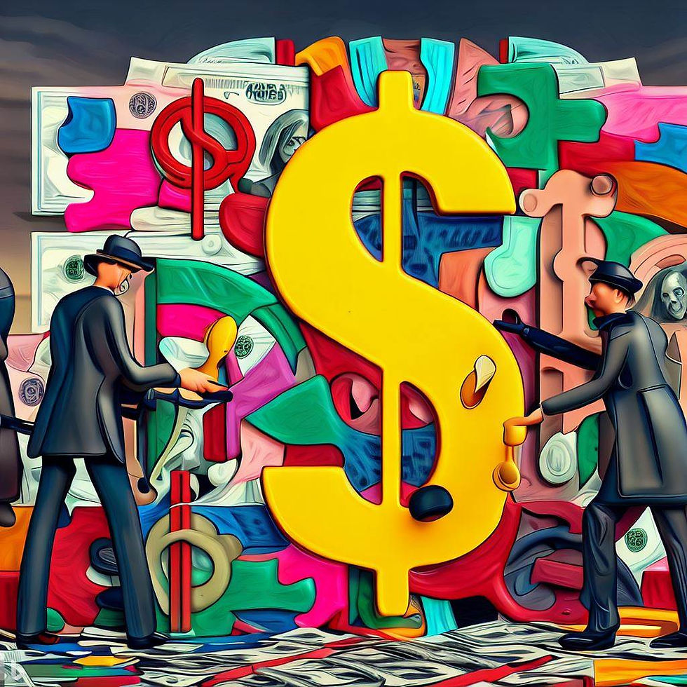 imagem de cifrão e figuras políticas tentando lavar dinheiro nos bancos públicos