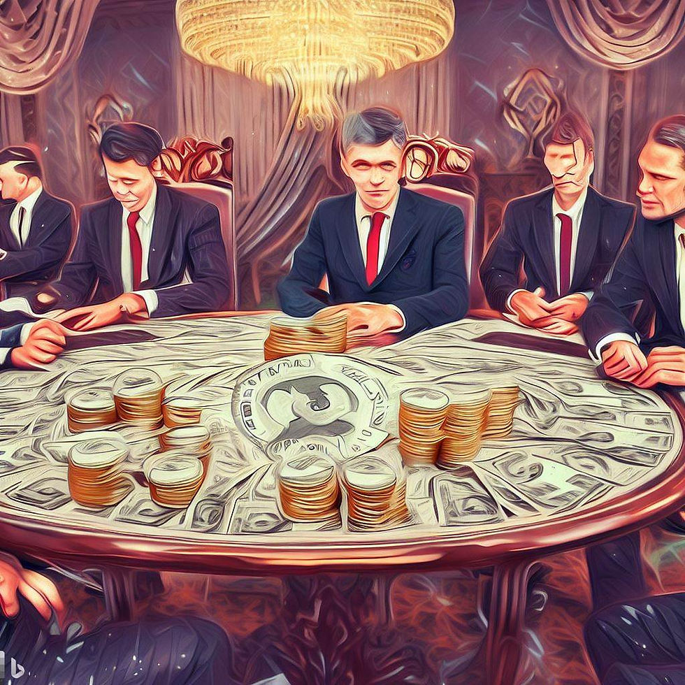 imagem um grupo de políticos em um ambiente elegante, com ternos e gravatas. Eles estão sentados ao redor de uma mesa redonda com fichas de apostas, cartas de baralho e uma pilha de dinheiro no centro. No fundo, há uma representação sutil da legislação sobre apostas com cifrões.