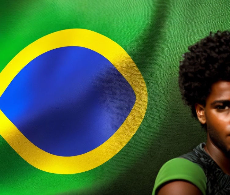 Jovem negro na frente de uma bandeira com as cores da bandeira do Brasil com expressão de esperança em um futuro melhor