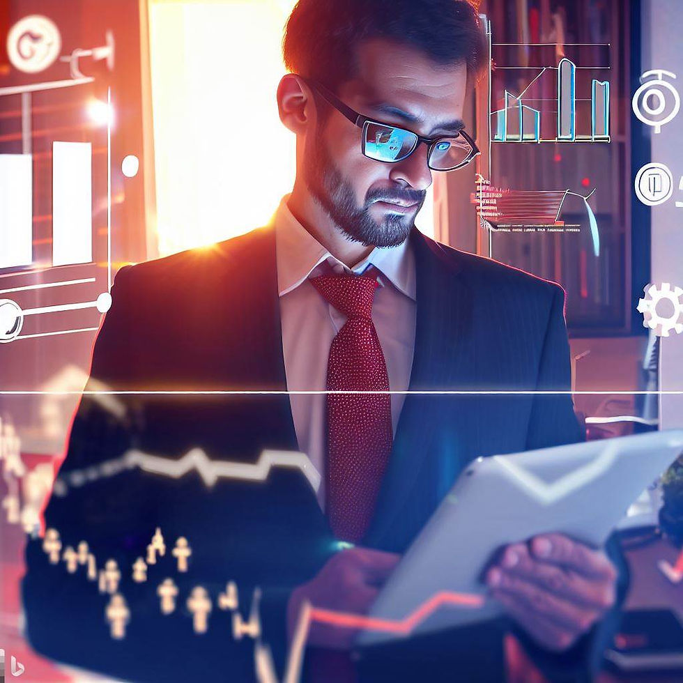 imagem de um pré-candidato em seu escritório de campanha, analisando dados econômicos em um tablet. Ao fundo, gráficos representativos de crescimento empresarial e ícones setoriais reforçam a conexão entre política e economia, destacando a importância do marketing político nesta questão.