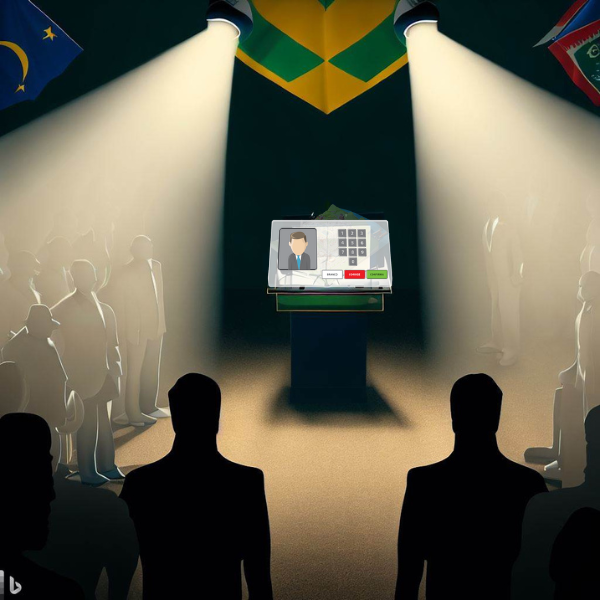 imagem de uma urna eletrônica de votação do TSE se destaca no centro, iluminada por um holofote de transparência. Candidatos debatem de forma informada à esquerda, enquanto à direita uma sombra representa ataques infundados, ligados à figura do ex-presidente Bolsonaro. A audiência segura faixas e a bandeira do Brasil ondula ao fundo, simbolizando a importância de um diálogo informado e respeitoso para a democracia.
