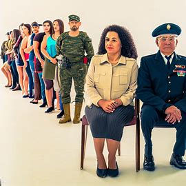 imagem de Pessoas sentadas(representando as privilegiadas) aguardando enquanto outras na fila no Inss aguardando atendimento para tratarem de suas aposentadorias