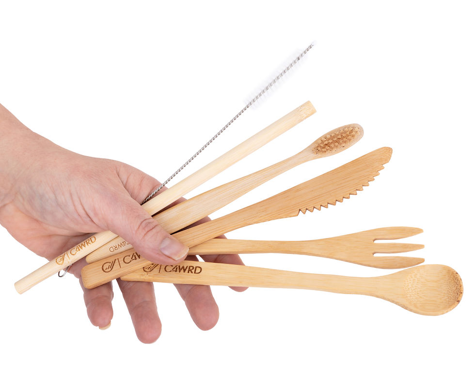 Miniaturbild: Natural bamboo set with cutlery,  straw and toothbrush