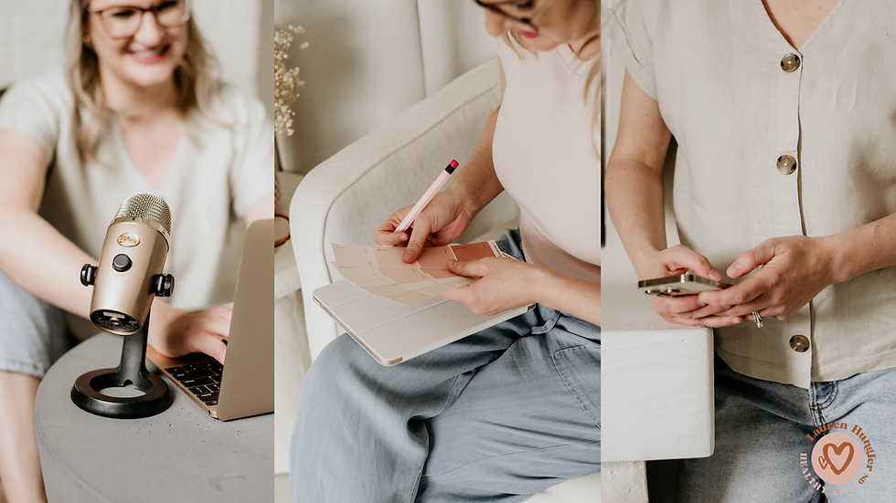 woman looking at laptop, paint samples and her cell phone.