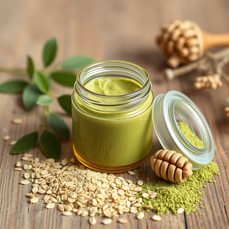 nice picture of ingridience for face mask honey in nice small jar, green moringa powder ar