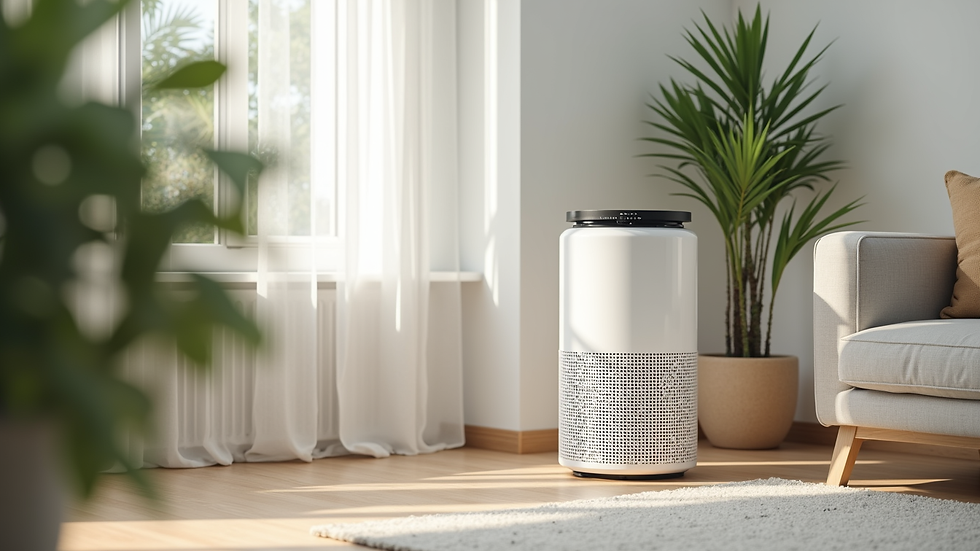 eye-level view of modern living room with air purifier and plants