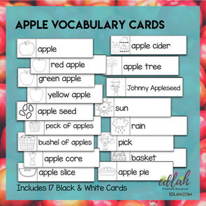 Apples Vocabulary Word Wall Cards (set of 17) - Black & White - Version #2