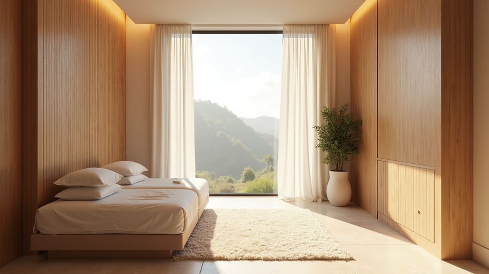 Vista a nivel de ojo de una sala de terapia con luz natural y decoración minimalista